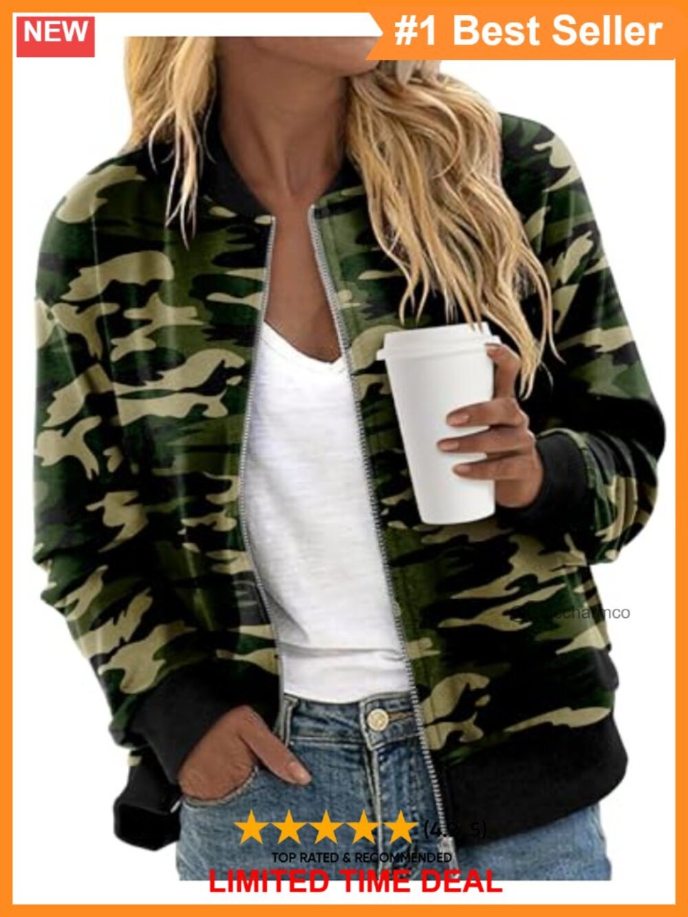 Zip Up Jacket Casual Long Sleeve Sweatshirt Bomber Fall Coat with Pockets